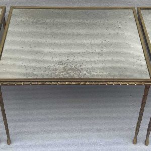 1970′ Table Tripartite Maison Charles Décor Palmier en Bronze Doré avec Plateaux Miroir 125 X 52 X H 42 cm