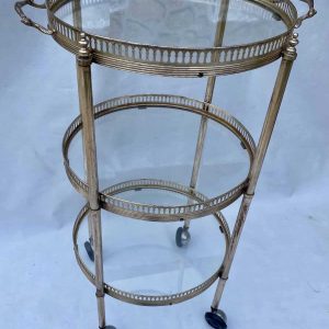 1970′ Desserte Roulante Ronde En Bronze Argenté à 3 Plateaux Maison Baguès