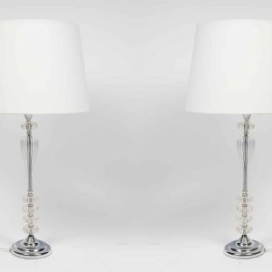 Paire de Lampes Transparentes et Abat-Jour Blanc, Style Baccarat