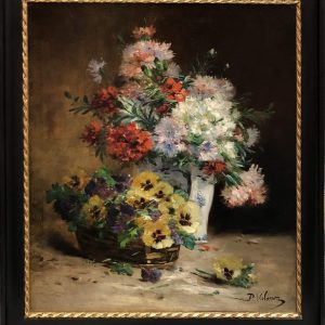 CAUCHOIX Eugène Bouquet d’oeillets Panier De Pensées Huile Toile Signée certificat d’authenticité