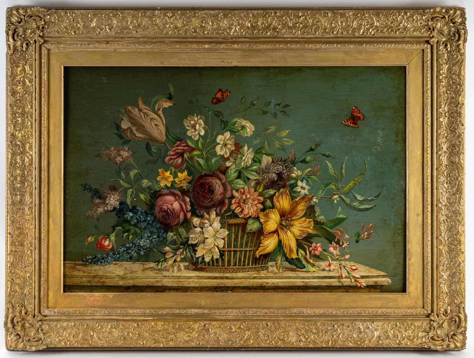 Bouquet de Fleurs sur un Entablement en Pierre huile sur panneau vers vers 1880-1890