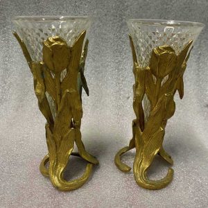 1900′ Paire De Pics Fleurs En Bronze Avec Cornets Cristal Pointe De Diamants