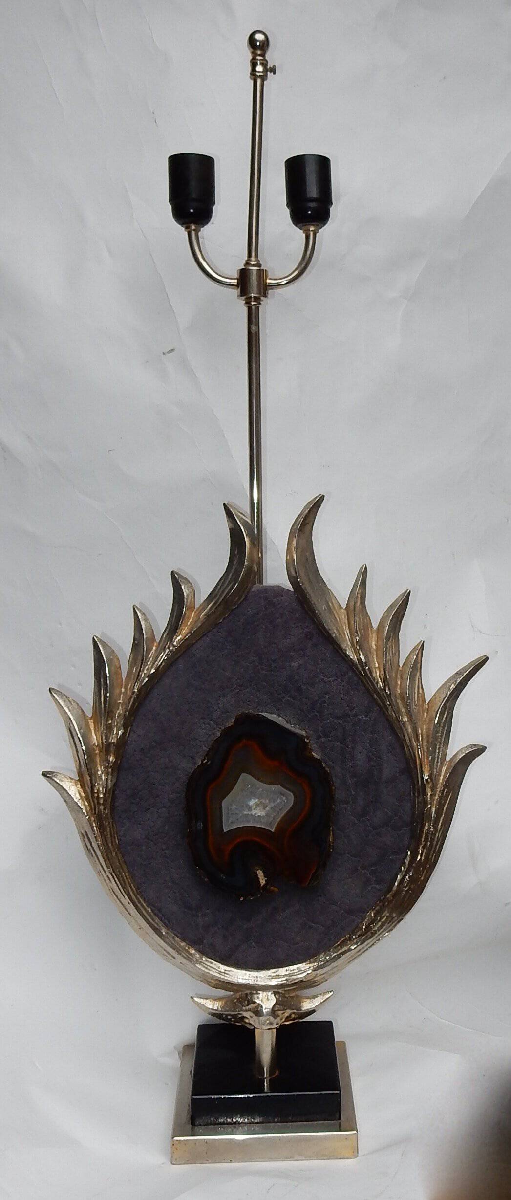 1970′ Lampe Décor Lotus, Bronze Argenté, Galuchat, Agate, Duval Brasseur Non Signée