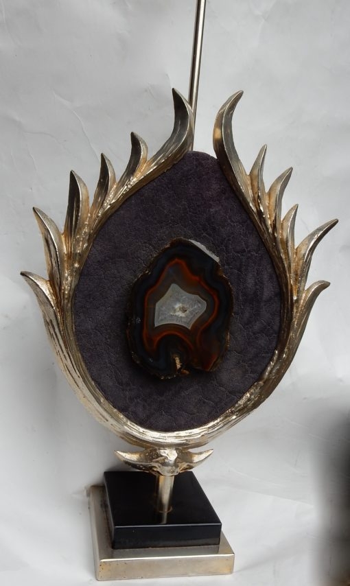 1970′ Lampe Décor Lotus, Bronze Argenté, Galuchat, Agate, Duval Brasseur Non Signée – Image 2