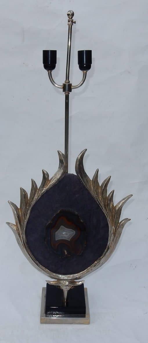 1970′ Lampe Décor Lotus, Bronze Argenté, Galuchat, Agate, Duval Brasseur Non Signée – Image 7