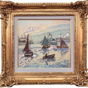 Henri Liénard de SAINT-DELIS L’entrée du port de Honfleur Huile sur panneau signée Certificat d&rsquo;authenticité