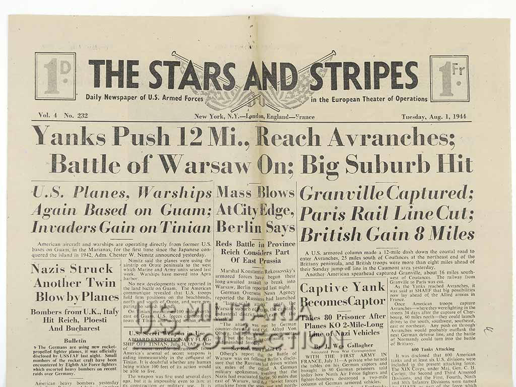Journal, Stars and Stripes, Yanks Push 12 Mi., Reach Avranches, 1 août 1944