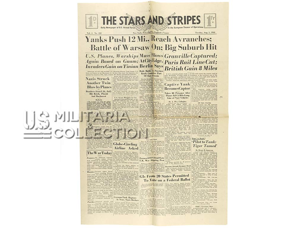 Journal, Stars and Stripes, Yanks Push 12 Mi., Reach Avranches, 1 août 1944 – Image 2